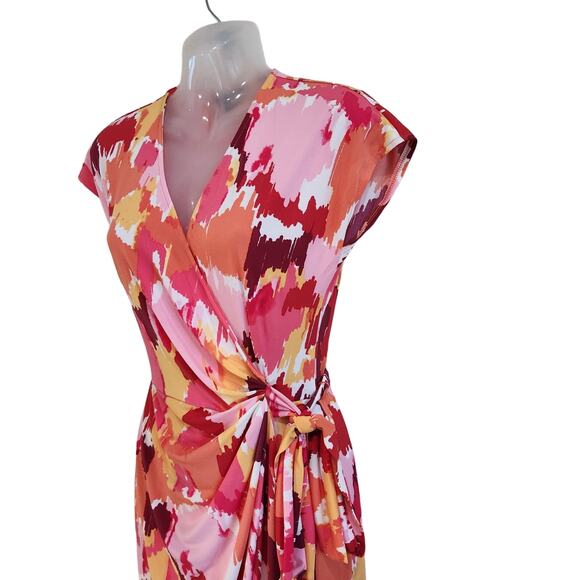Maggy London Printed Abstract Jersey Wrap Dress V-Neck Watercolor Pink Size 4 - Picture 4 of 10
